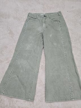 Pilcro Olive Green Wide-Leg Jeans with Stud Detailing